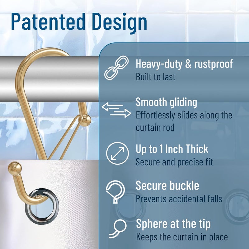 Blau Marité 12 Decorative Metal Shower Curtain Hooks, S-Shaped Hooks with Anti-Fall System, Rust-Proof Shower Rings with Safety Buckle, Fits Rods Up to 1-Inch Diameter (S, Gold) - Image 2